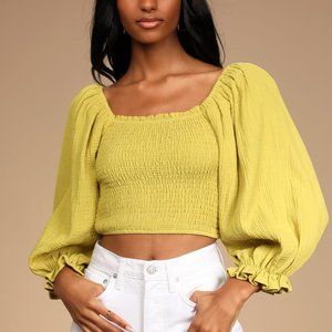 Lulu's Breezing In Green Smocked Balloon Sleeve Top | Size L